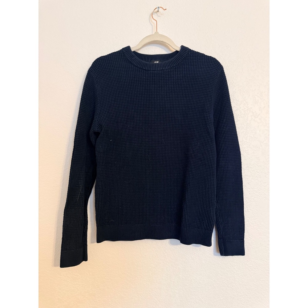 HM Mens Navy Blue Waffle Knit Crewneck Sweater‎ Regular Fit Size M
